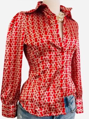 FOREVER - Red Chain-Print Button Down Shirt